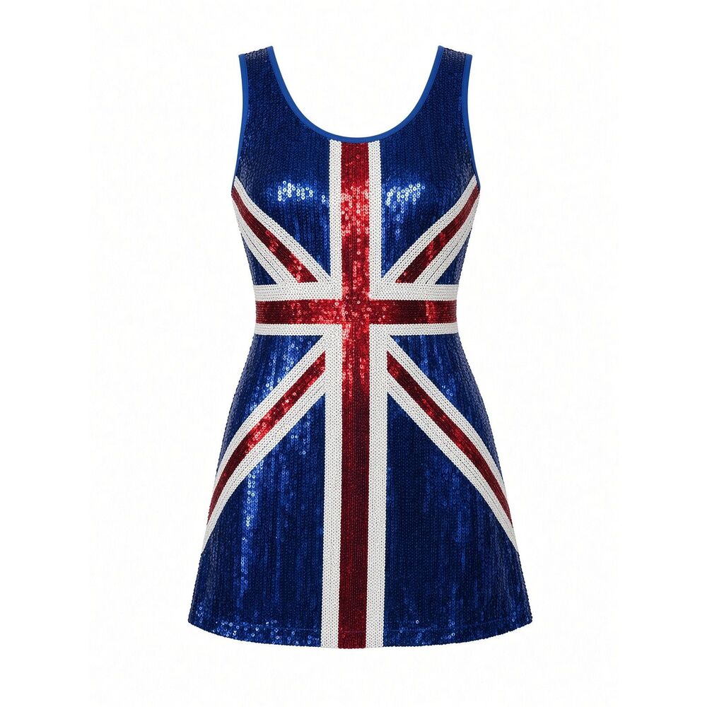 Union Jack Retro UK British Flag Spice Girls Y2K Pop Star Sequin Mini Dress Sz L